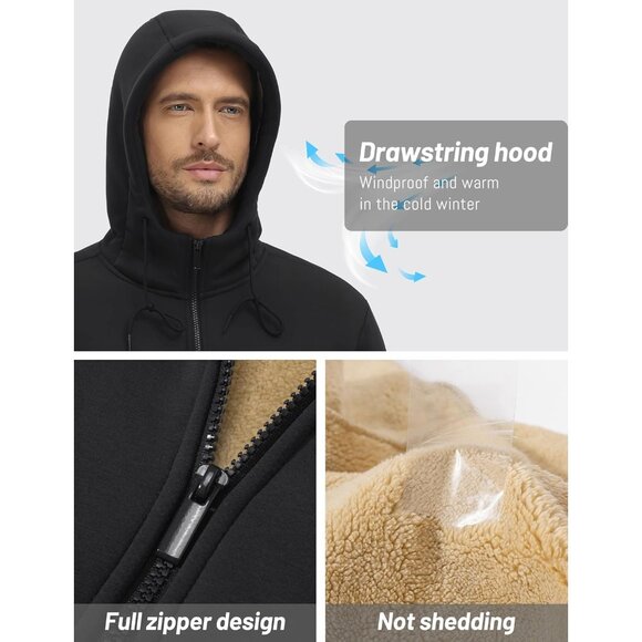 Mens Winter Hoodie Full Zip Fleece Sherpa Lined Warm Work Casual Sweatshirt - Picture 4 of 6